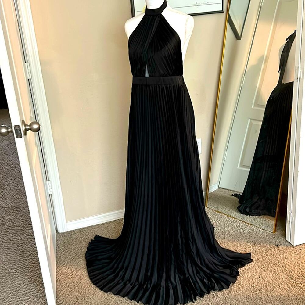 Lulus Midnight Moves Black Pleated Satin Halter Cutout Maxi Dress L